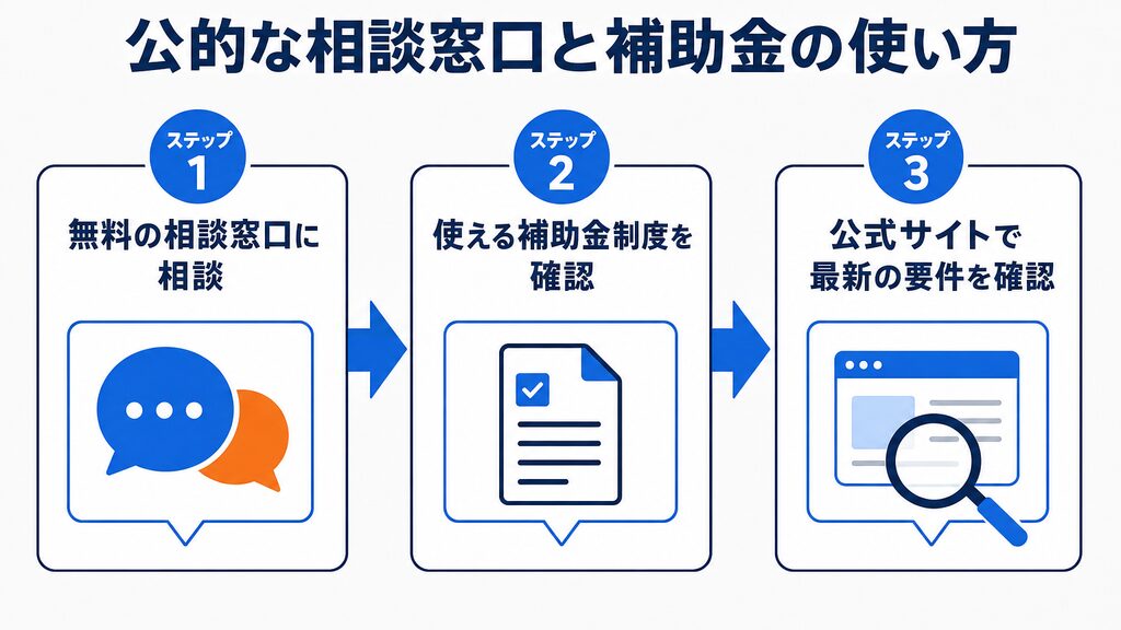 公的な相談窓口と補助金の使い方(相談→制度確認→公式サイトで最新要件を確認)