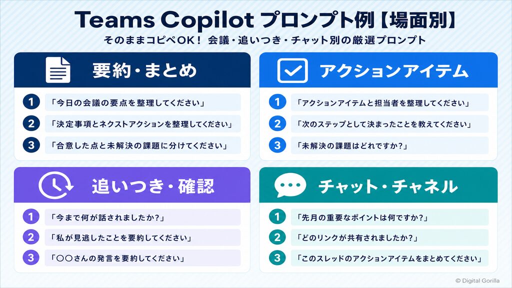 Teams Copilotプロンプト例場面別一覧：要約・アクションアイテム・追いつき確認・チャットチャネル用コピペOKプロンプト集
