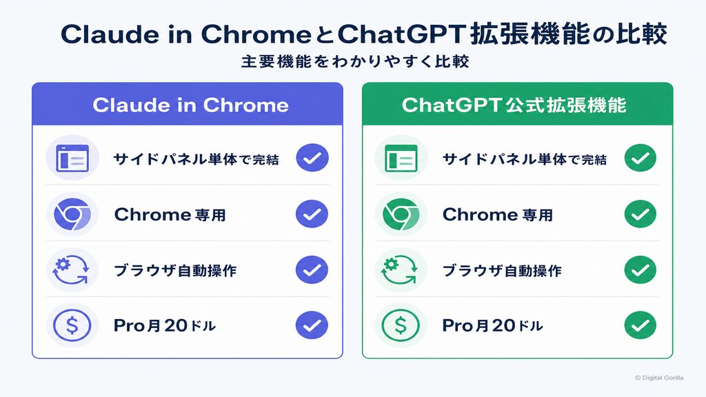 Claude in Chrome vs ChatGPT公式Chrome拡張：機能・料金・ブラウザ対応の比較