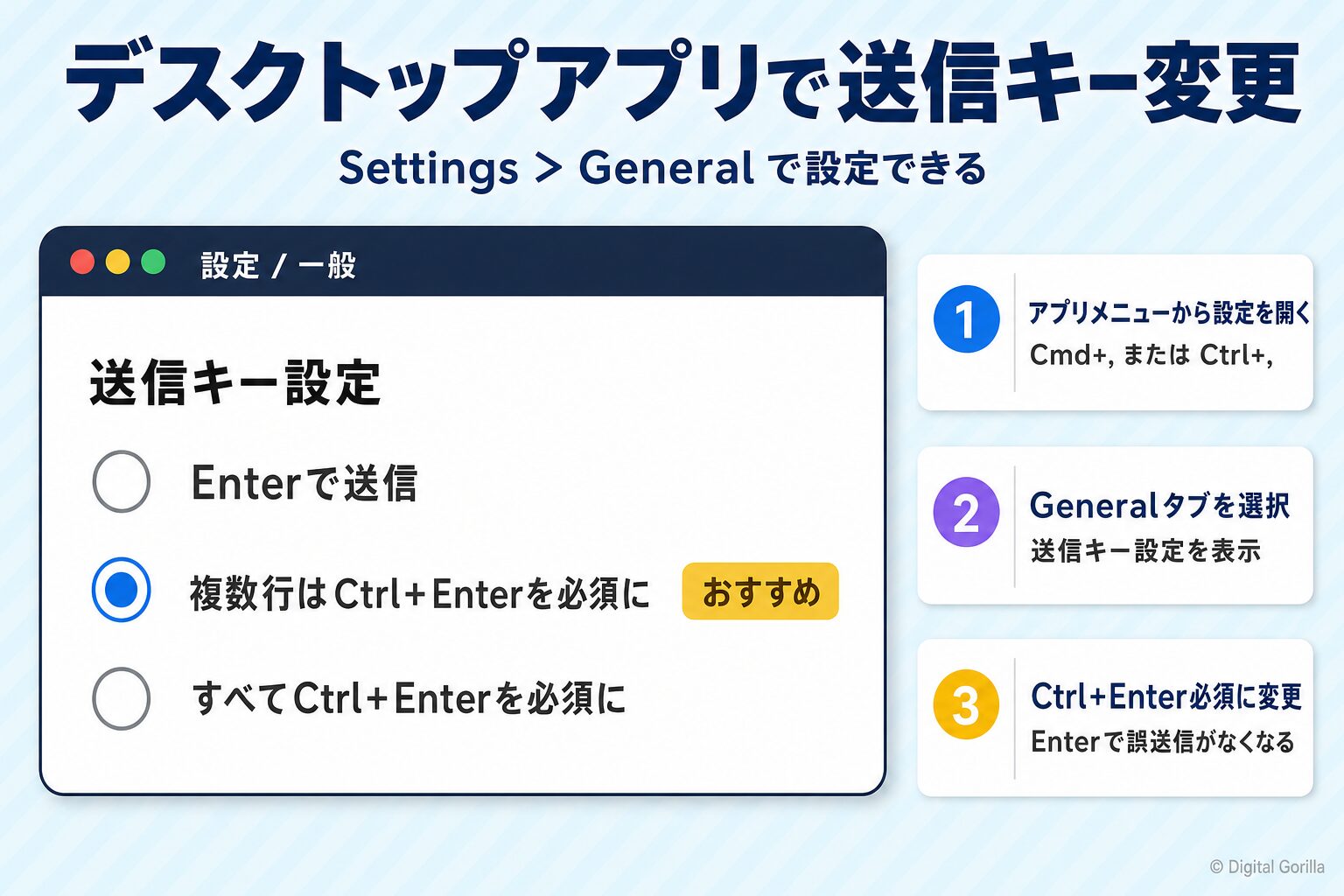 ChatGPTデスクトップアプリのSettings > Generalで送信キーをCtrl+Enterに変更する手順図解