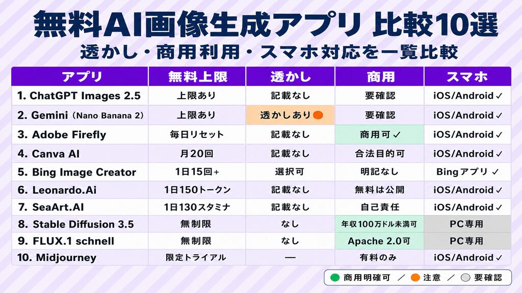 無料AI画像生成アプリ比較表10選｜透かし・商用利用・スマホ対応を一覧で確認できる早見表