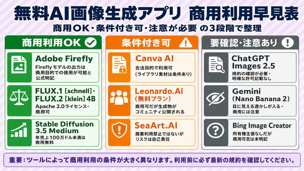 無料AI画像生成アプリ商用利用早見表｜商用OK・条件付き可・要確認の3段階でツール別ライセンスを比較