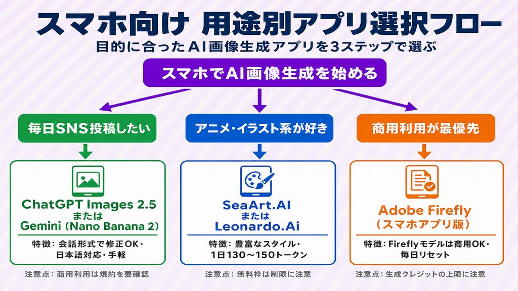 スマホ向け用途別AI画像生成アプリ選択フロー｜SNS・アニメ・商用の目的別におすすめアプリを3分岐で解説