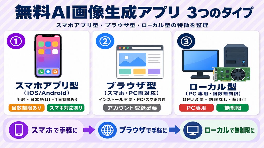 無料AI画像生成アプリ3つのタイプ比較｜スマホアプリ型・ブラウザ型・ローカル型の特徴と制限を整理
