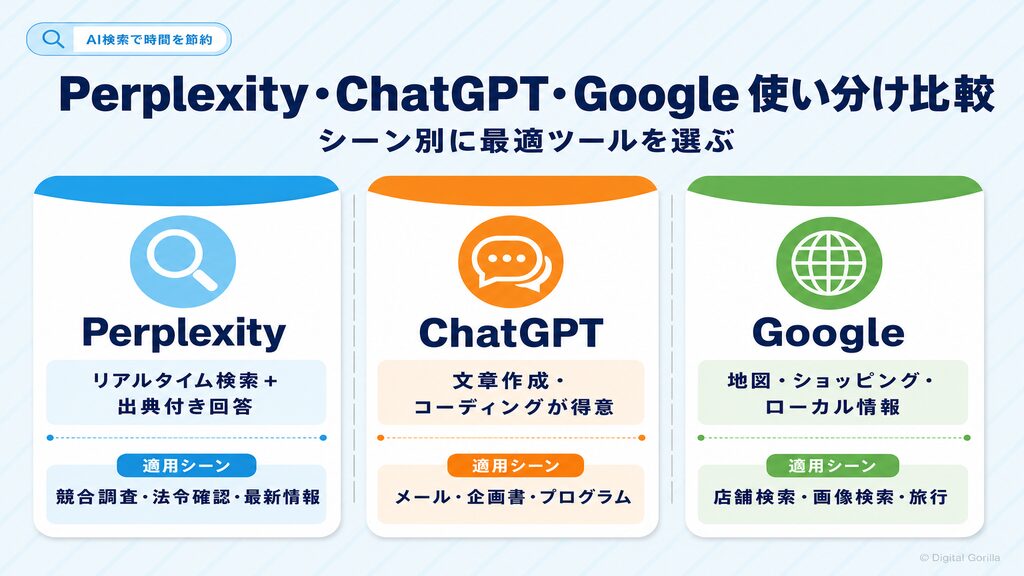 PerplexityとChatGPT・Googleのシーン別使い分け比較表