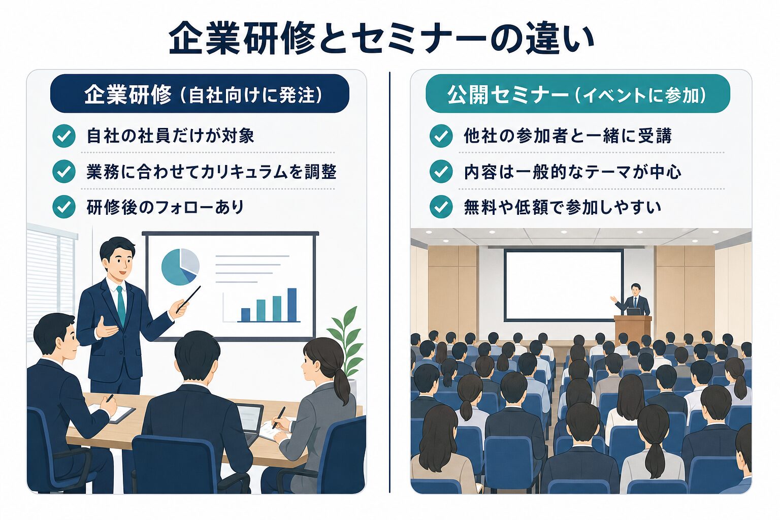 企業研修とセミナーの違い（自社向けに発注する研修と、公開イベントに参加するセミナー）