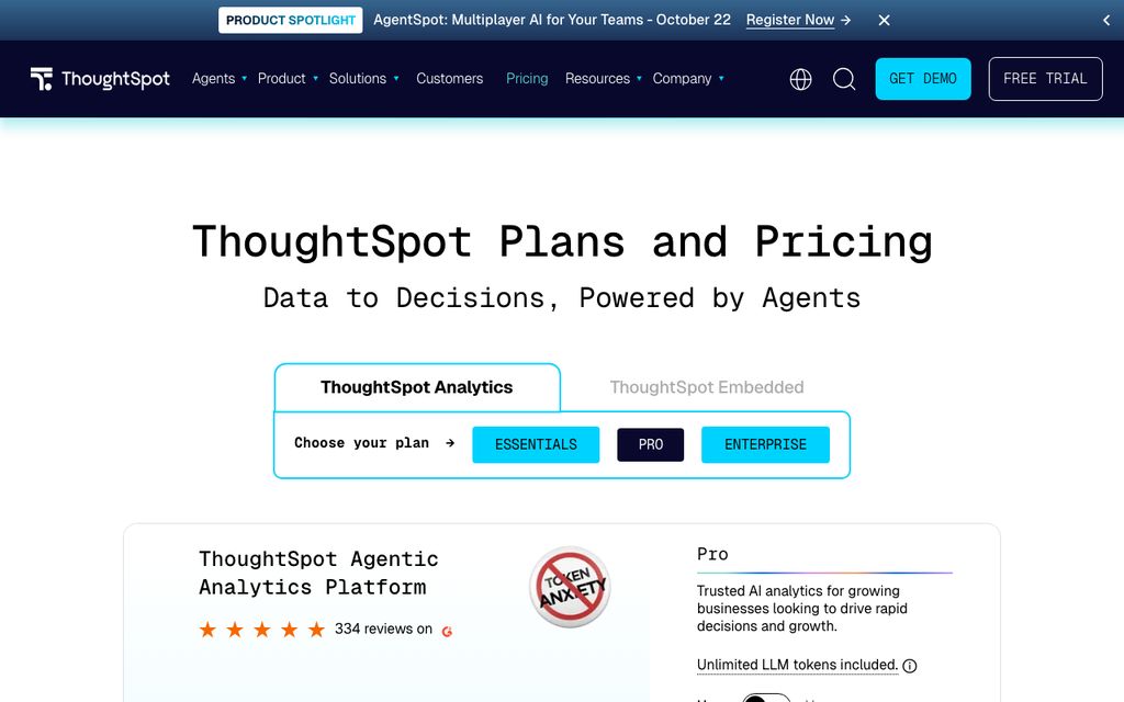 ThoughtSpotの画面キャプチャ：LLMトークン追加料金なしで自然言語検索が使えるBIツールの操作画面
