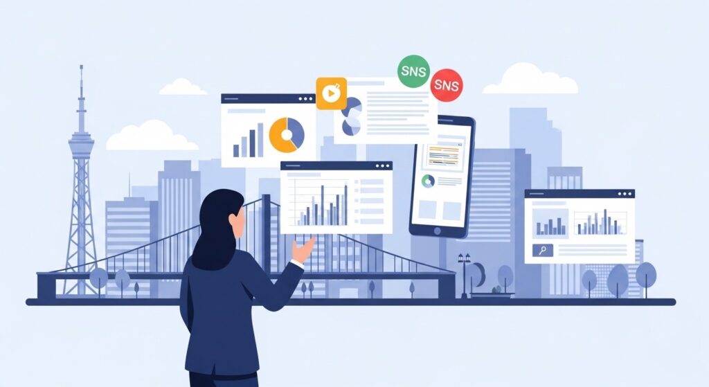 仙台の街並みを背景に、広告運用を検討しているビジネスパーソン