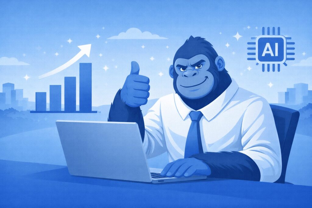 ビジネスパーソンのゴリラがサムズアップしている画像