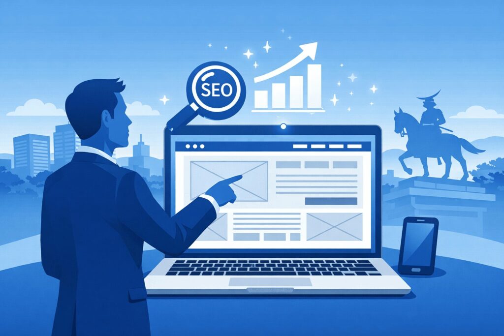 仙台を背景としたパソコンを指差しているビジネスパーソン