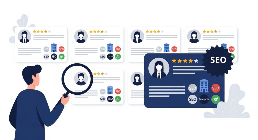 SEOパートナー選びをしているビジネスパーソン