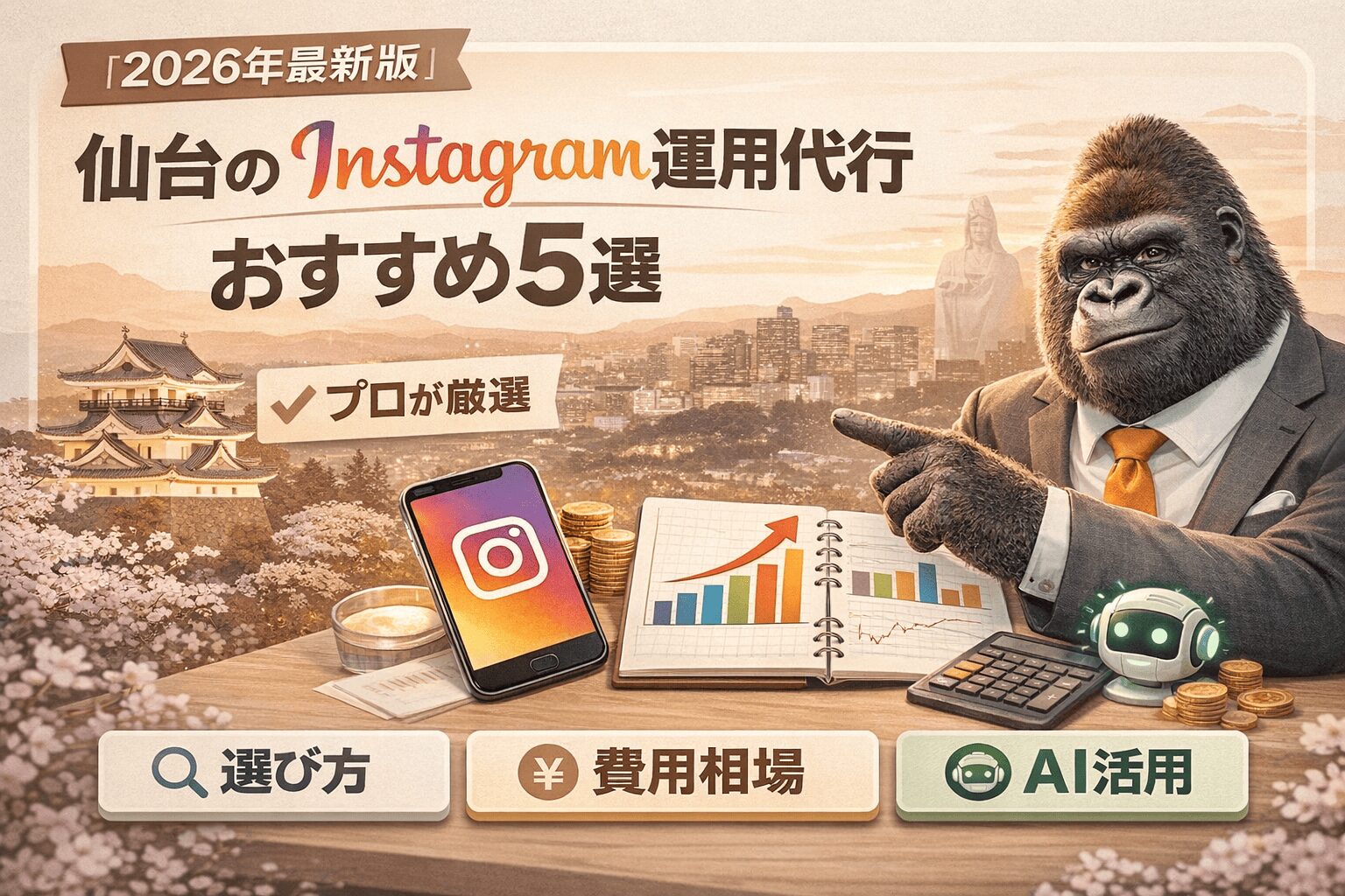 記事タイトル「仙台のInstagram運用代行おすすめ5選」が含まれているアイキャッチ画像