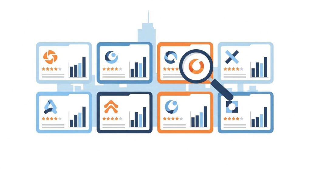 星評価・棒グラフ・各種ロゴが表示された複数のモニター画面に虫眼鏡を当てているイラスト。複数の会社を比較・検討するイメージ