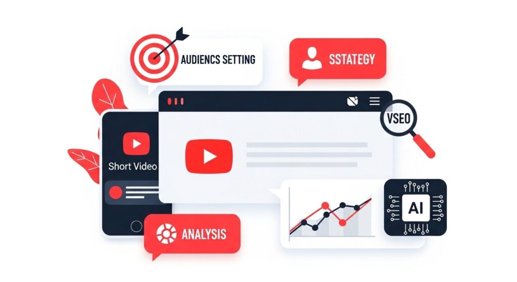 YouTubeの動画プレーヤー・ショート動画・VSEO・AI・データ分析・オーディエンス設定・戦略といった要素をアイコンで表したYouTube運用戦略のイメージ図
