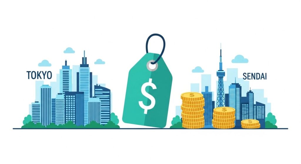 東京と仙台の都市スカイラインを背景に、中央に価格タグとコインの山が描かれたイラスト。東京と仙台の費用感を比較するイメージ図