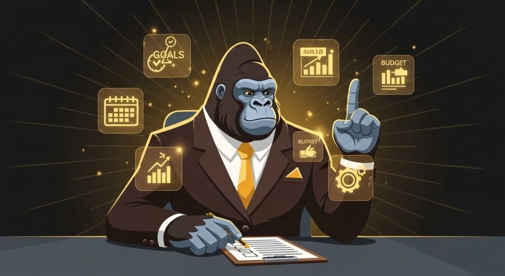 Web制作会社に依頼する前の4つの準備を表すイラスト。ゴリラキャラクターがデスクでチェックリストを確認し、目標・予算・納期・運用を示すアイコンが周囲に浮かぶ。