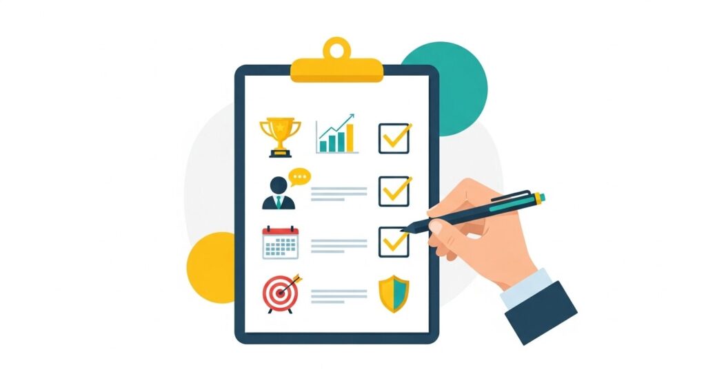 クリップボードに貼られたチェックリストにペンでチェックを入れる手のイラスト。トロフィー・グラフ・人物・カレンダー・ターゲットのアイコンが並び、選定基準を確認するイメージ
