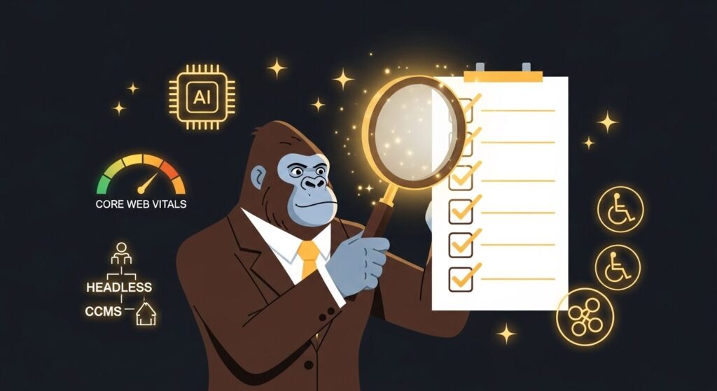 Web制作会社を見極める7つのポイントを表すイラスト。ゴリラキャラクターが虫眼鏡でチェックリストを精査し、AIチップやCore Web Vitals・ヘッドレスCMSのアイコンが周囲に並ぶ。