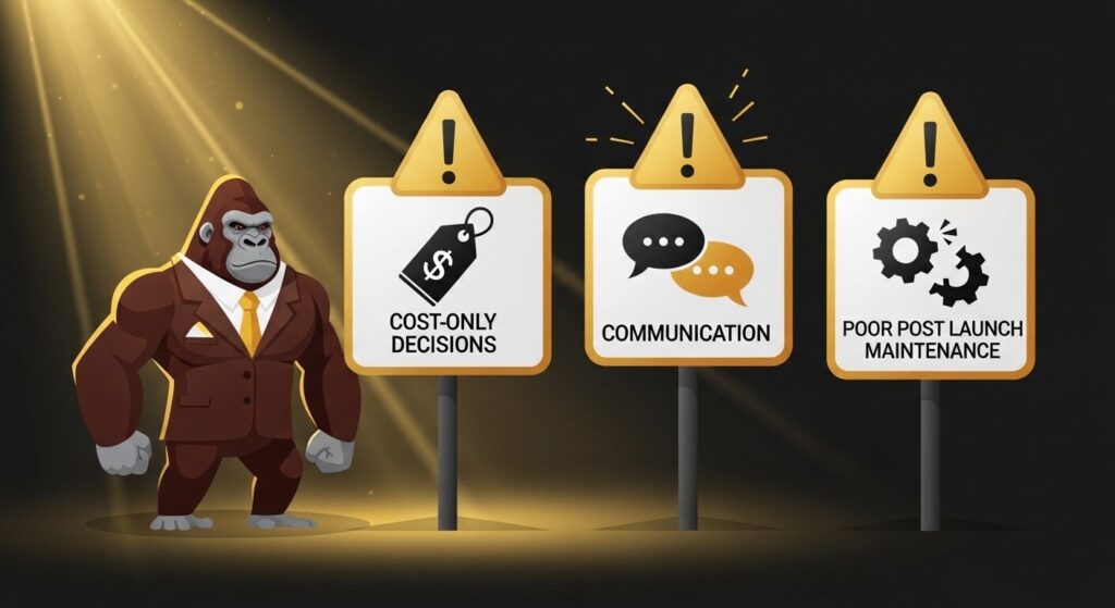 Web制作会社選びでよくある3つの失敗を表すイラスト。ゴリラキャラクターの隣に、費用重視・コミュニケーション不足・運用保守の不備を示す警告サインが並ぶ。