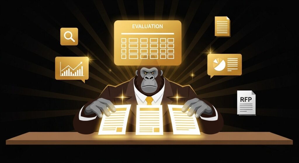 複数のWeb制作会社を比較検討する方法を表すイラスト。ゴリラキャラクターがデスクで3社の提案書を並べて評価シートを確認し、RFP文書や比較チャートが周囲に浮かぶ。