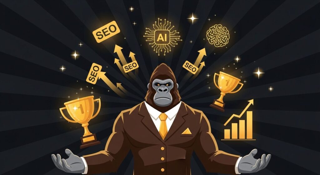デジタルゴリラが選ばれる理由を表すイラスト。スーツ姿のゴリラキャラクターの周囲にトロフィー・SEO上昇グラフ・AIアイコン・右肩上がりの棒グラフが輝くように浮かぶ。