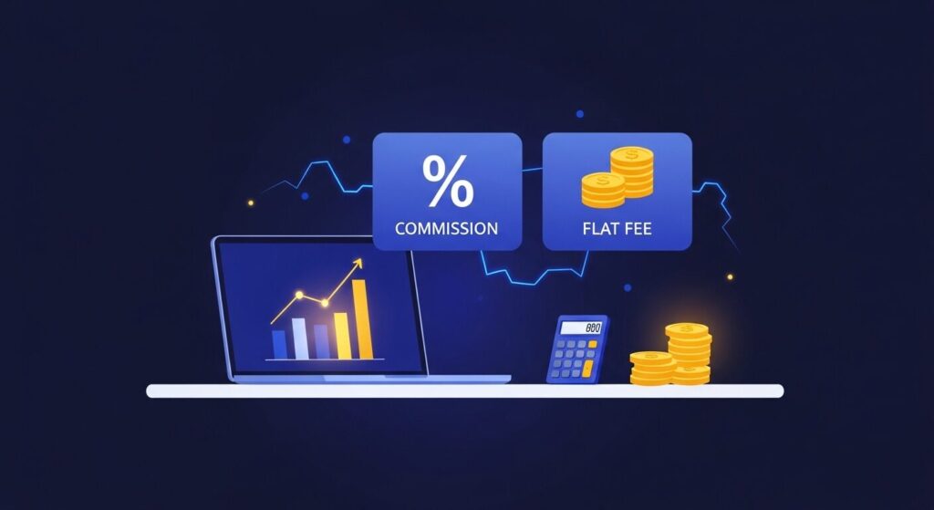 定率型と固定報酬型の2つの料金体系パネル、コインの積み重ね、計算機が並んだデスクのイラスト