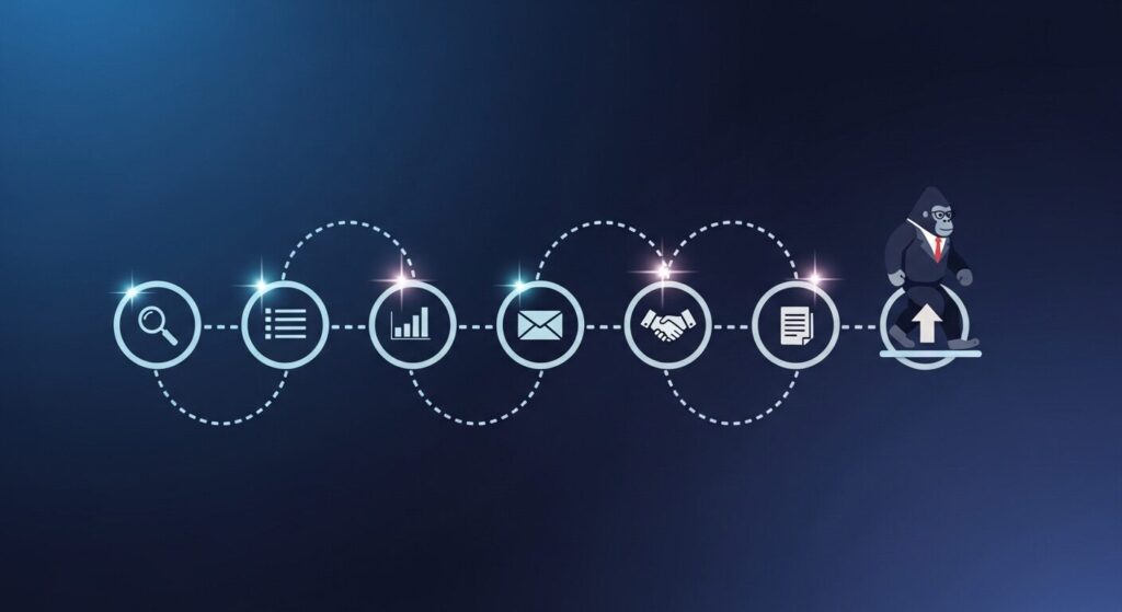 7つのアイコン付きノードをゴリラキャラクターがステップを踏みながら進む横並びのロードマップイラスト