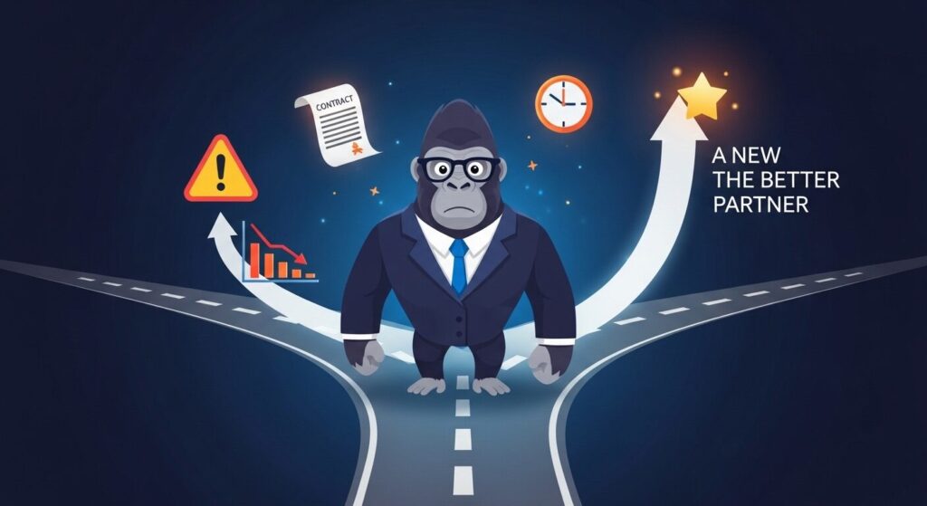 ゴリラキャラクターが分岐点に立ち、左の下降グラフの道と右の上昇矢印の道を前に検討しているイラスト