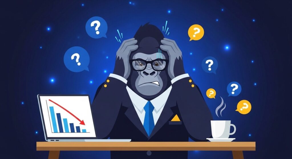 ゴリラキャラクターが頭を抱えてパソコン画面の右肩下がりのグラフを前に悩んでいるイラスト