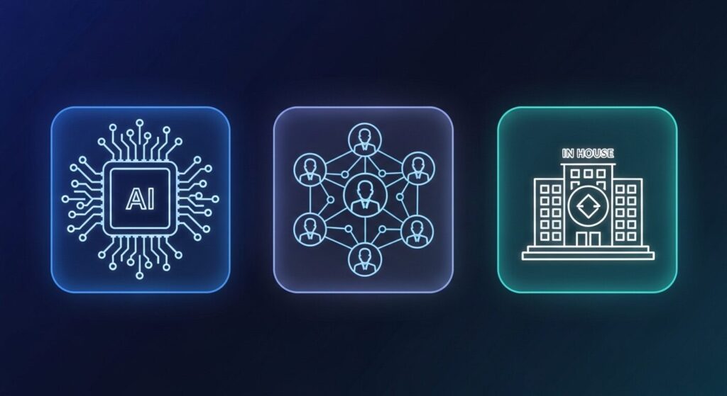 AIチップ・顧客ネットワーク・内製化を表す3つのアイコンパネルが並んだイラスト