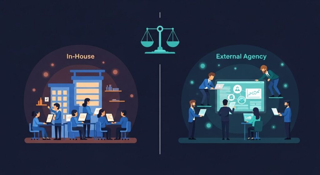 左に社内チームで運用するインハウス、右に外部代理店チームが並び、中央にバランススケールが置かれた比較イラスト