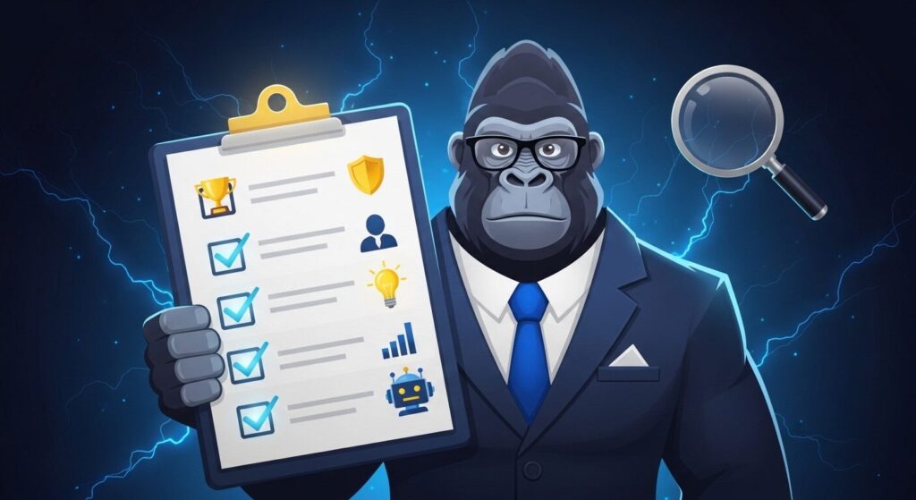 ゴリラキャラクターが6つのチェック項目が並ぶクリップボードを持ち、虫眼鏡で確認しているイラスト