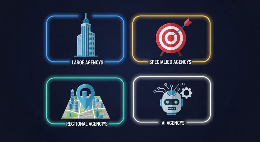 大手・特化型・地域密着・生成AI特化の4タイプをそれぞれアイコンで表した4枚のカードパネルのイラスト