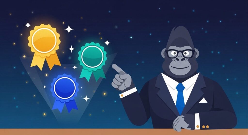 ゴリラキャラクターが3つの受賞バッジを指さしておすすめ代理店を紹介しているイラスト