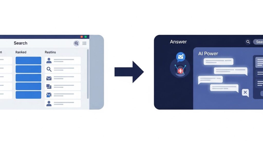 2026年における検索の変化：従来の検索エンジンからAI検索へのシフトを示すイメージ図
