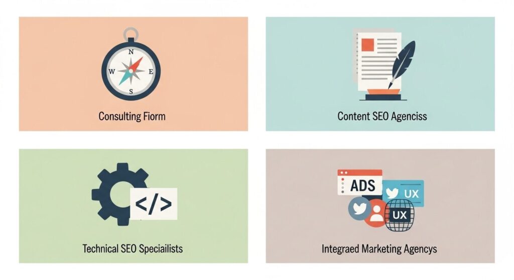 インハウスSEOと外注SEOの比較：自社対応と専門会社への委託の違いを表すイメージ