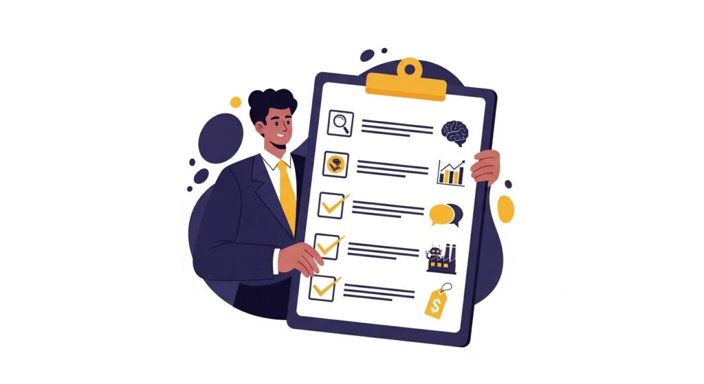 SEO会社選びの7つのチェックポイントを確認するコンサルタントのイメージ