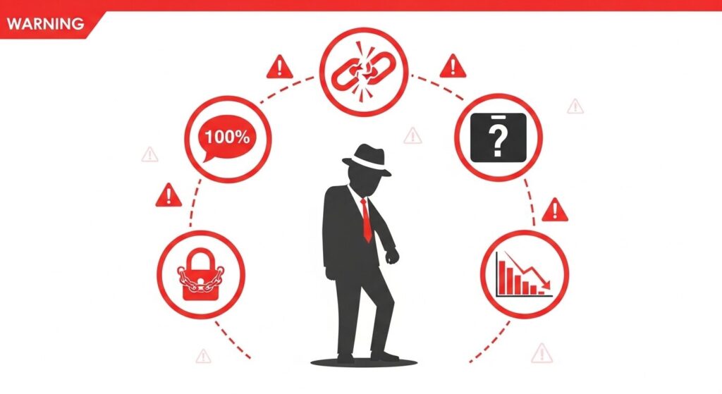 避けるべきNGなSEO会社の5つの特徴を表す警告イメージ