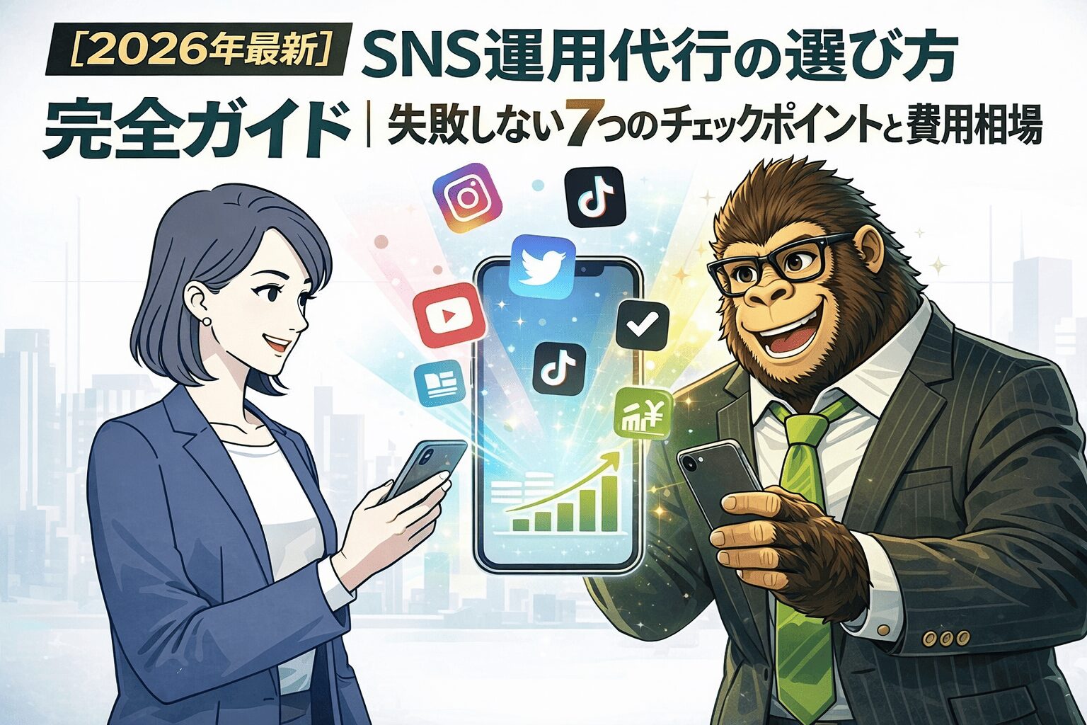 SNS運用代行の選び方を解説する記事のアイキャッチ画像。スーツ姿の女性とゴリラがスマートフォンを操作し、SNSアイコンや成長グラフが表示されている。2026年最新のチェックポイントや費用相場を紹介する内容。
