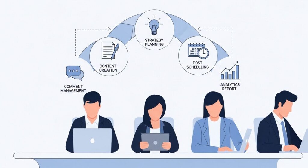 SNS運用代行の業務範囲を示すイラスト。チームが戦略立案・コンテンツ制作・投稿・分析レポートといった7つの業務を担当している様子。