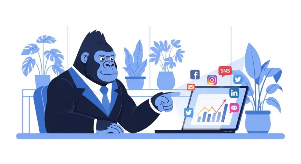 株式会社デジタルゴリラへの相談を促すCTAイラスト。スーツを着たゴリラのキャラクターがSNS成長グラフを指し示している。