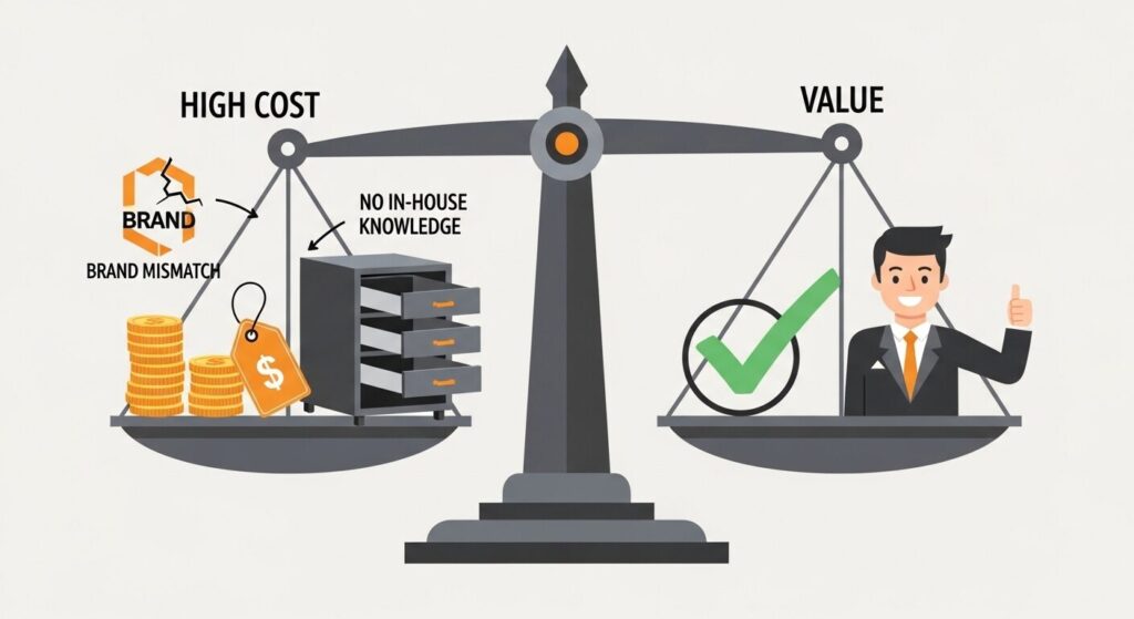 SNS運用代行のデメリットを表すイラスト。コスト・ノウハウ蓄積不足・ブランドズレの3つのリスクを天秤で示す。