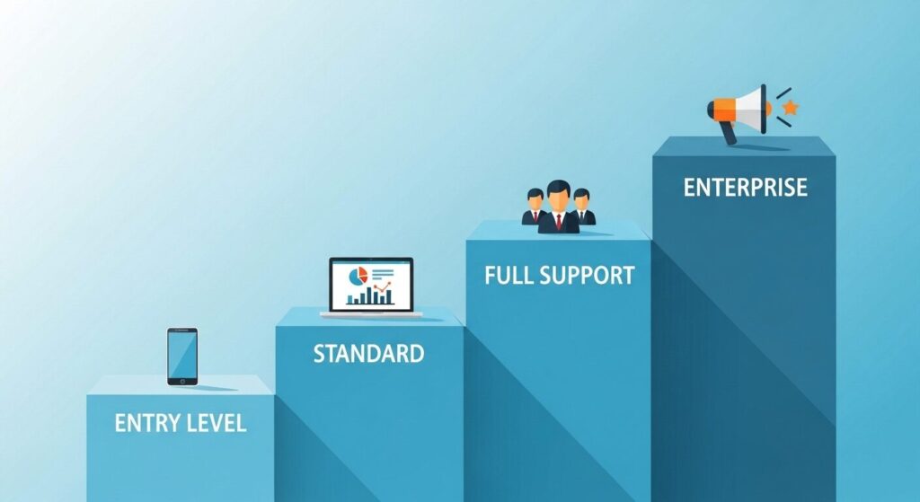 SNS運用代行の料金相場を4段階の階段で示すイラスト。月額10万円以下から50万円以上まで価格帯ごとのサービスレベルを表現。