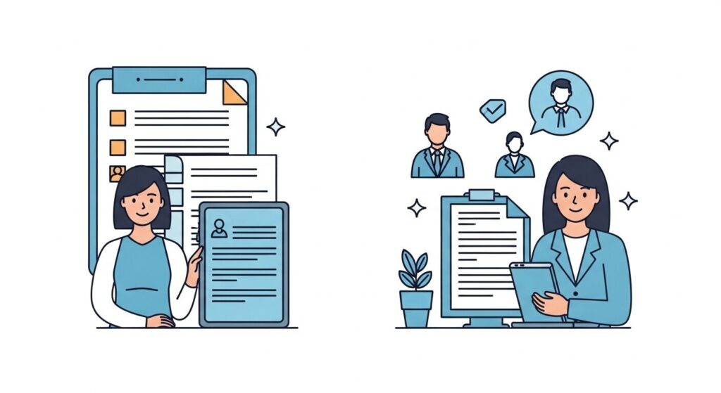 SNS運用代行会社の4つのタイプ分類を示すイラスト。媒体特化型・総合型・目的特化型・フリーランスがパズルピースで表現されている。