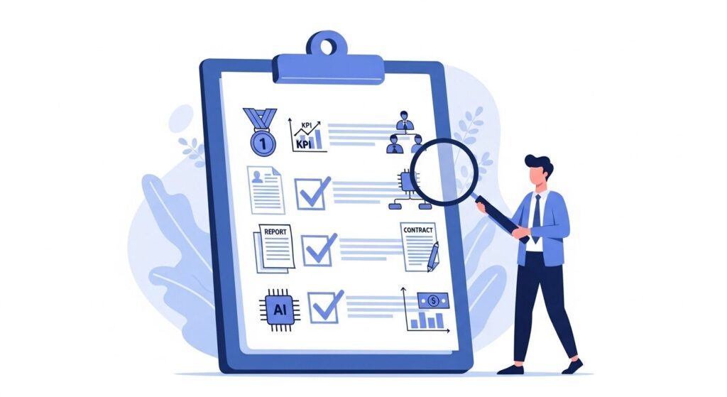 SNS運用代行会社の選び方7つのチェックポイントを示すイラスト。ビジネスパーソンがチェックリストを確認している様子。