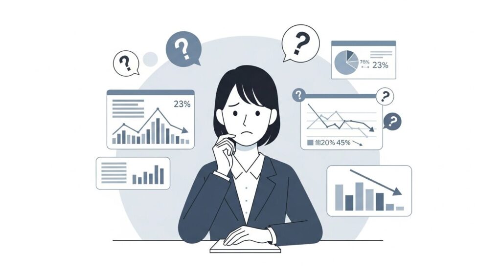 広告代理店選びや広告運用の悩みを抱えるマーケティング担当者のイメージ
