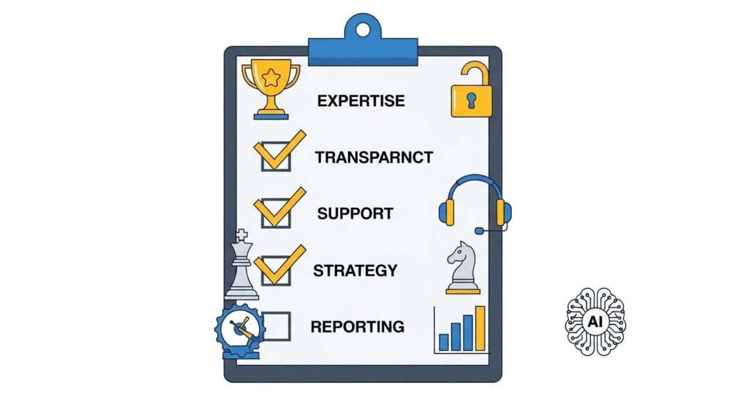 広告代理店選びで確認すべき6つの比較ポイントを示すチェックリストのイメージ