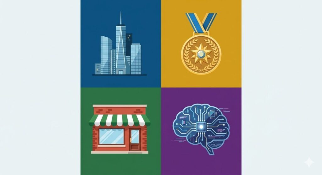 大手・特化型・地域密着型・AI特化型の4タイプの広告代理店を示すイメージ