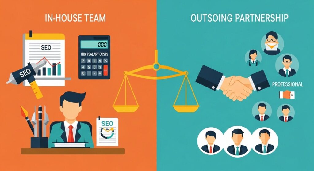 内製と外注のコスト比較を表現したイメージ