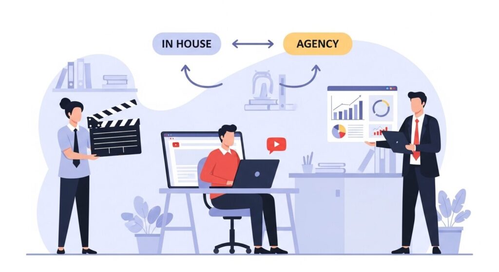 代替テキスト：クランクボードを持つ人・YouTubeを視聴するビジネスパーソン・データグラフを提示するスーツ姿の人物のイラスト。「IN HOUSE」と「AGENCY」の矢印で自社運用と代行の関係を示した図解